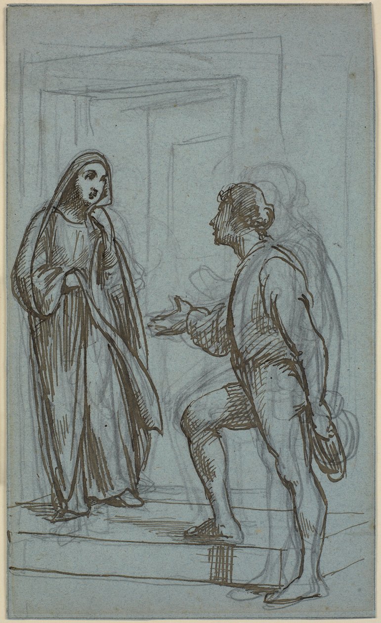 Una donna esce da una porta e un giovane la riceve da Wilhelm Marstrand