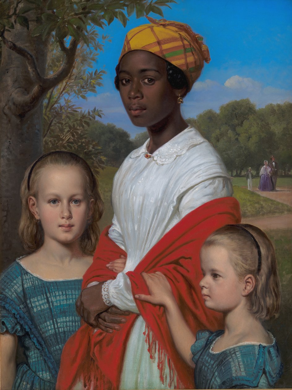 Ritratto delle due Figlie di Otto Marstrand e della loro Tata delle Indie Occidentali, Justina Antoine, nei Giardini di Frederiksberg vicino a Copenaghen da Wilhelm Marstrand