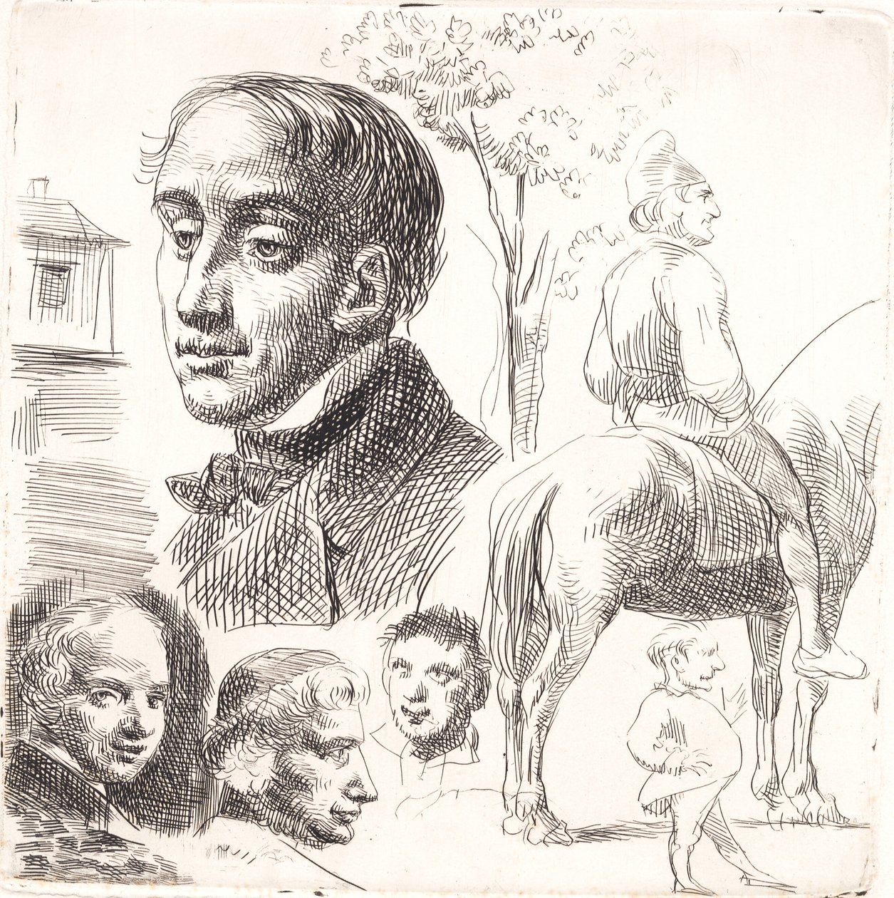 Foglio di prova in stilografia con teste di ritratto, un contadino a cavallo ecc. da Wilhelm Marstrand