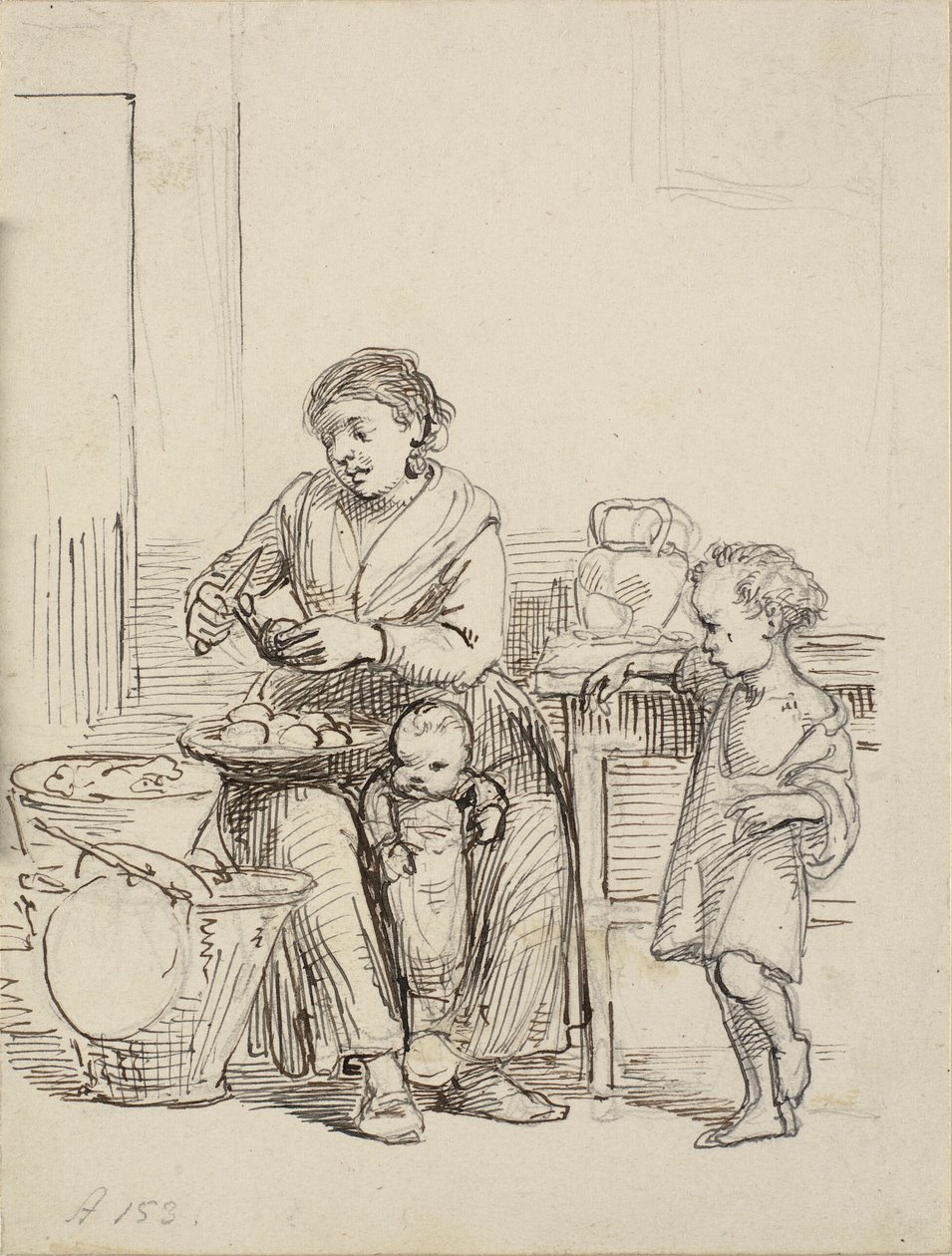 Due bambini e una moglie stanno pelando le patate da Wilhelm Marstrand