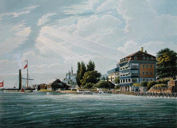 Hotel Bellevue e Pensione sul Lago di Thun, inciso da Bodmer da Wilhelm Ulrich Oppermann