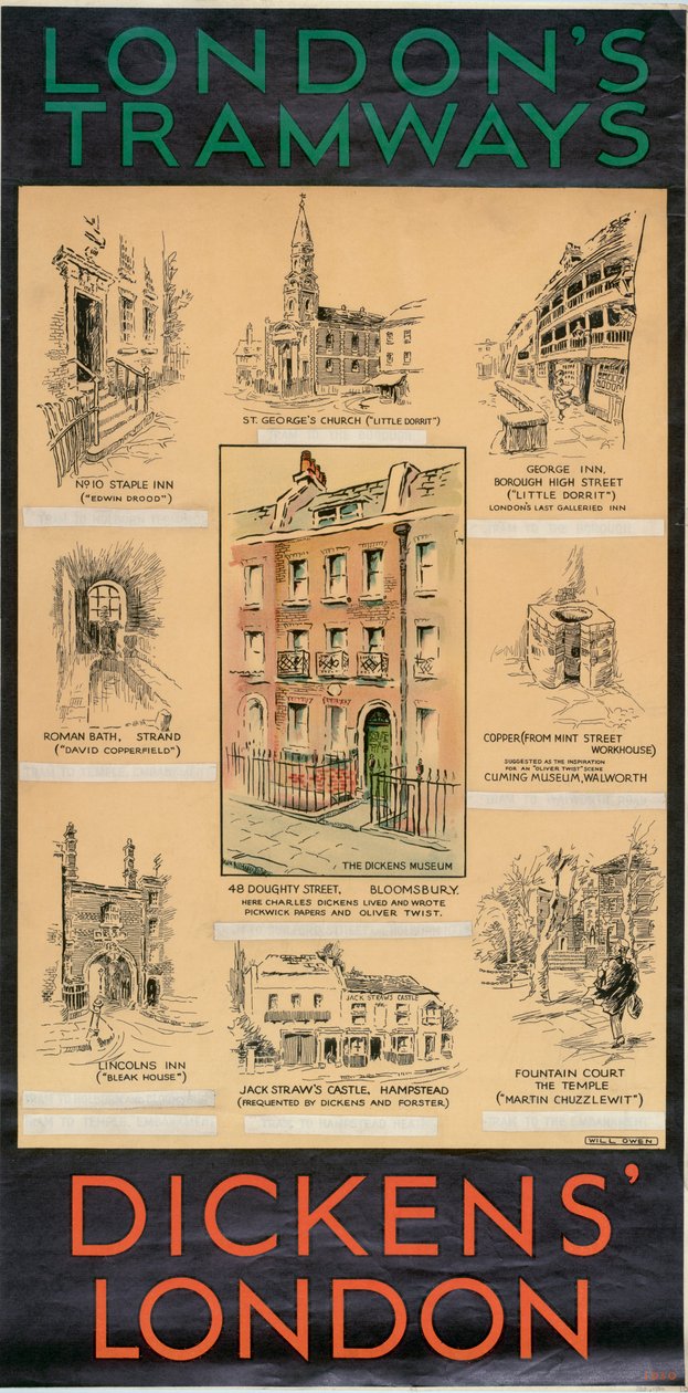La Londra di Dickens, manifesto dei Tramways del Consiglio della Contea di Londra da Will Owen