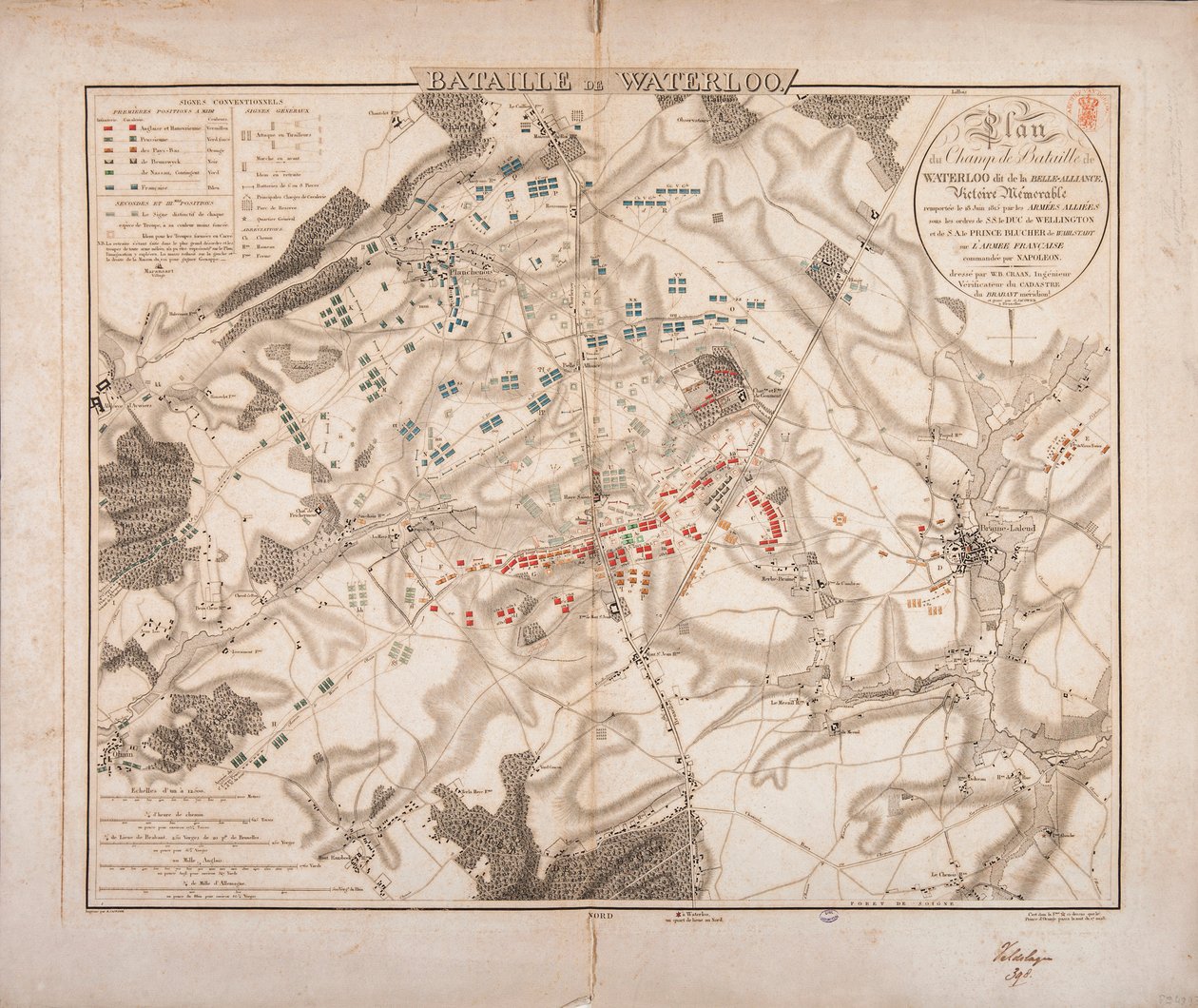 Battaglia di Waterloo, mappa del campo di battaglia, inciso da Jacowick da Willem Benjamin Craan