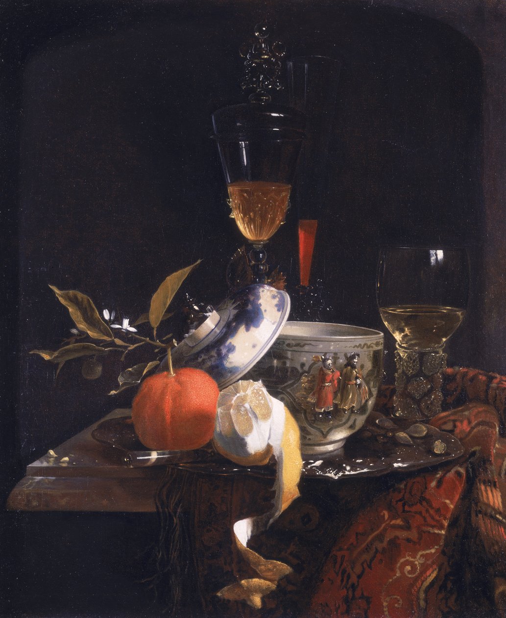 Natura morta con vaso di zucchero cinese, bicchiere e frutta da Willem Kalf