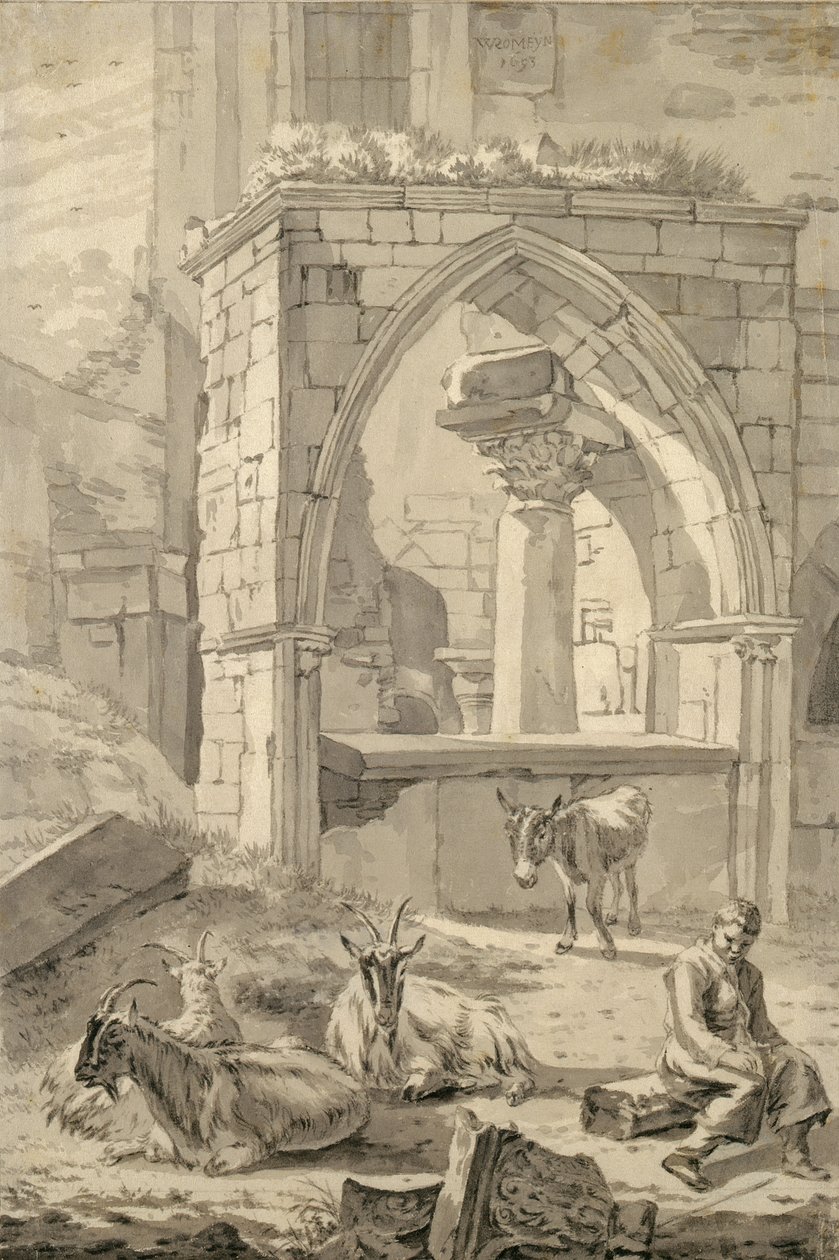 Pastore con Capre e un Asino davanti alle Rovine, 1693 da Willem Romeyn
