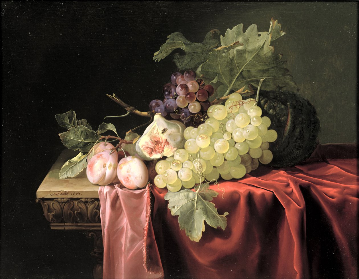 Natura morta con uva, prugne, fichi e un melone su un ripiano di pietra parzialmente coperto, 1653 da Willem van Aelst