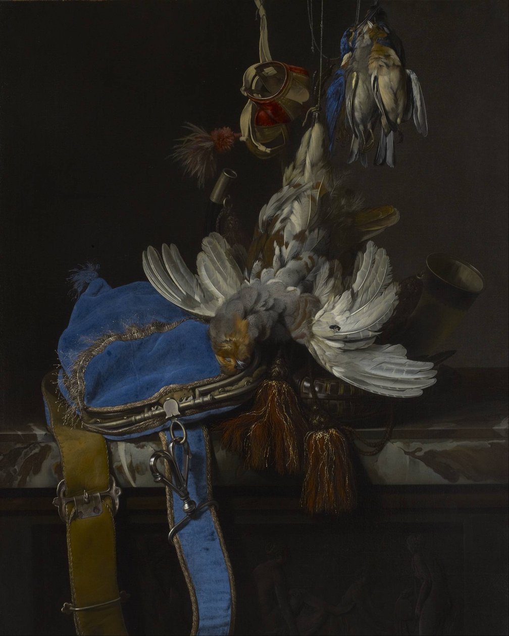 Natura morta di caccia con una borsa di velluto su un cornicione di marmo da Willem van Aelst