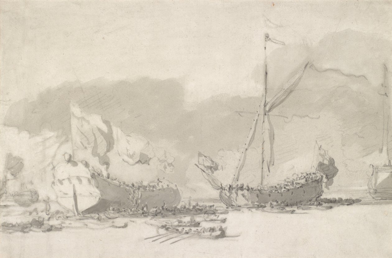 Il varo di una nave da guerra a ponte singolo con uno yacht reale in assistenza, fine XVII-inizio XVIII secolo da Willem van de Velde