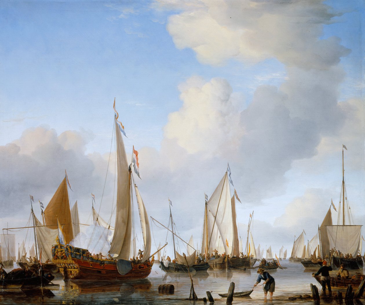 Calma - Uno yacht di stato a vela vicino alla riva con molte altre navi da Willem van de Velde the Younger