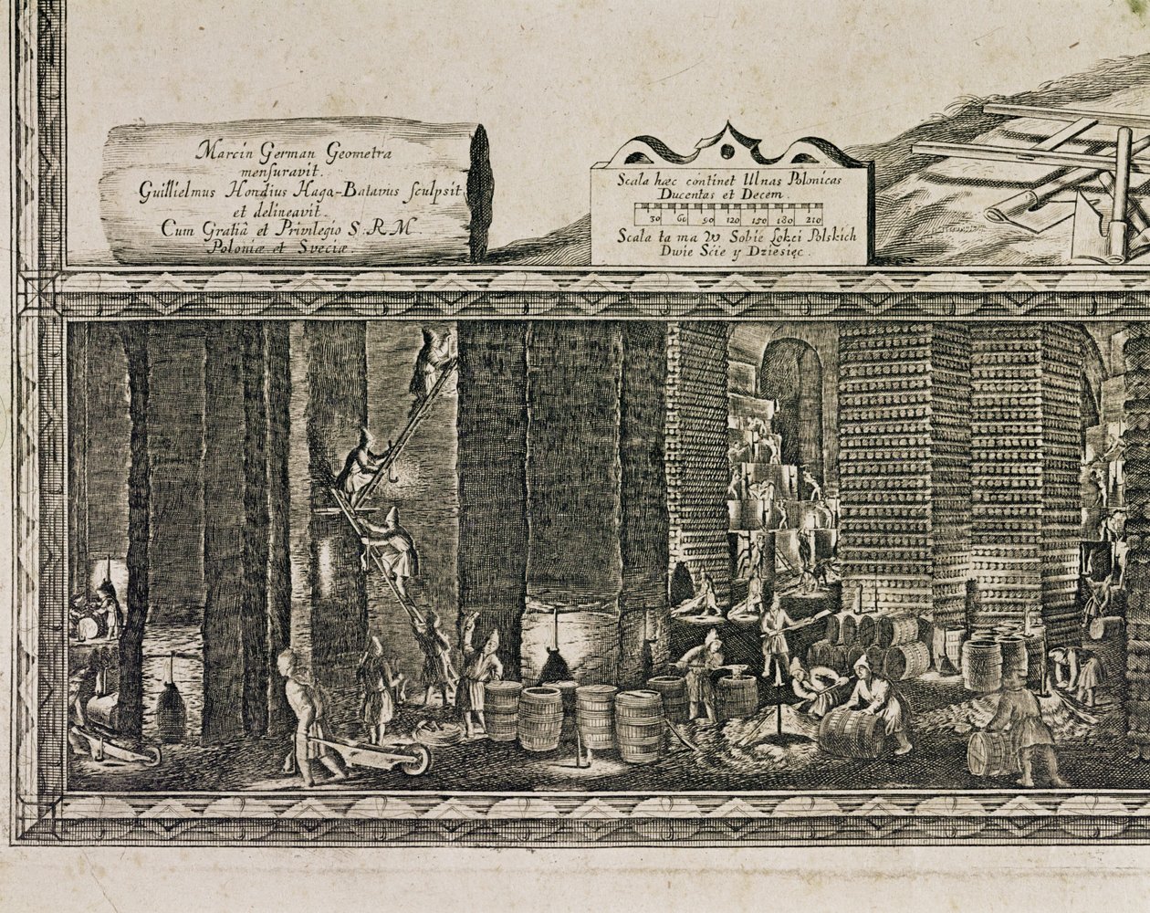 Le miniere di sale di Wieliczka, vicino a Cracovia, producevano circa un terzo delle entrate dei re polacchi... (incisione) da Willem (c.1597 1660) Hondius