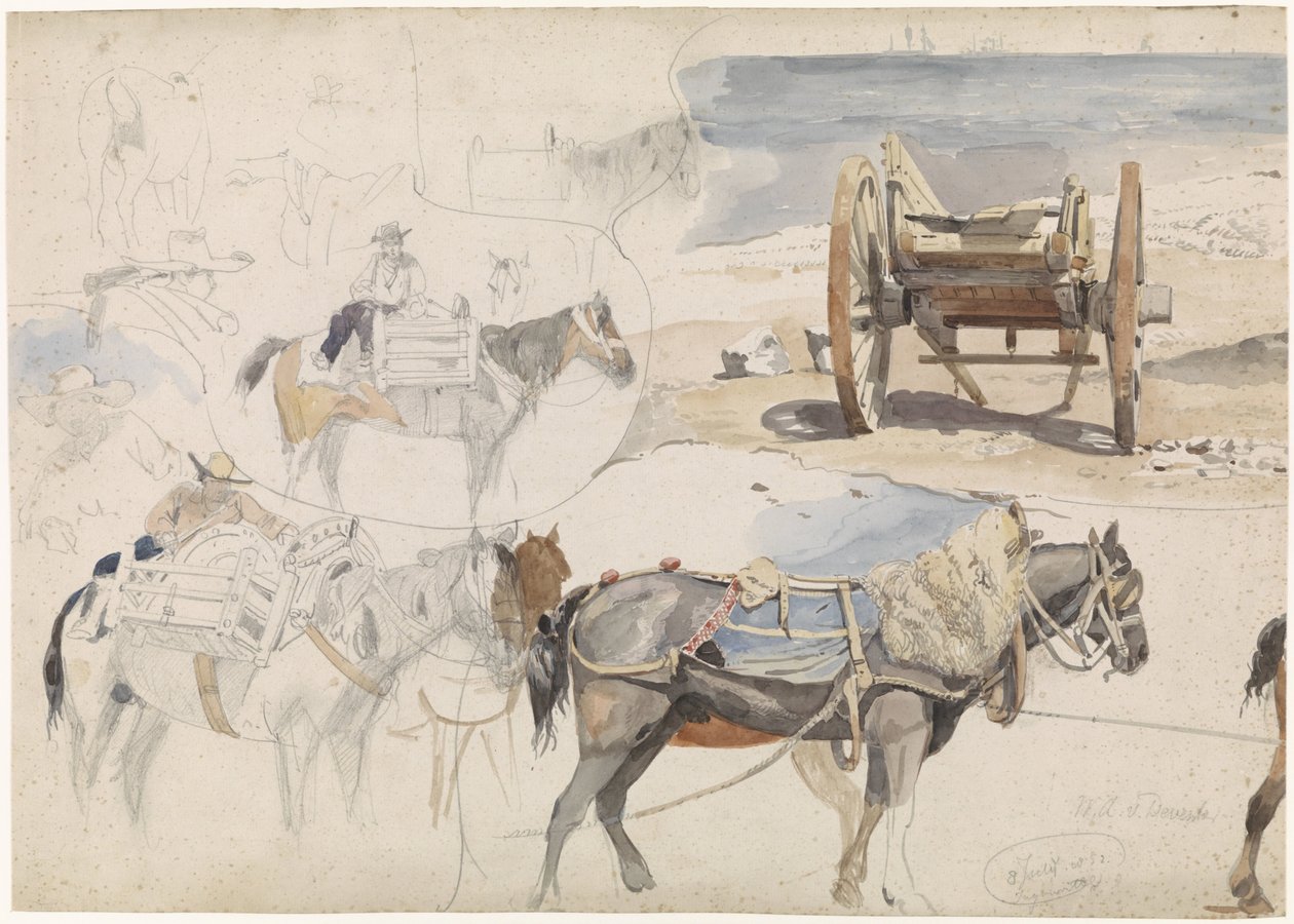 Foglio di studio con carro di conchiglie sulla spiaggia e vari studi di cavalli da Willem Anthonie van Deventer