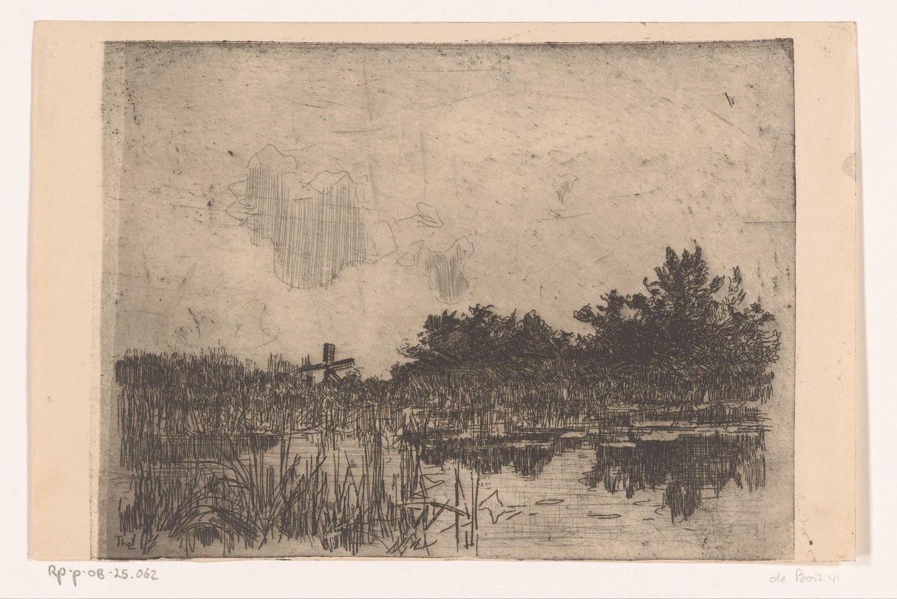 Stagno con canne e mulino ad acqua, vicino a Giethoorn da Willem Bastiaan Tholen