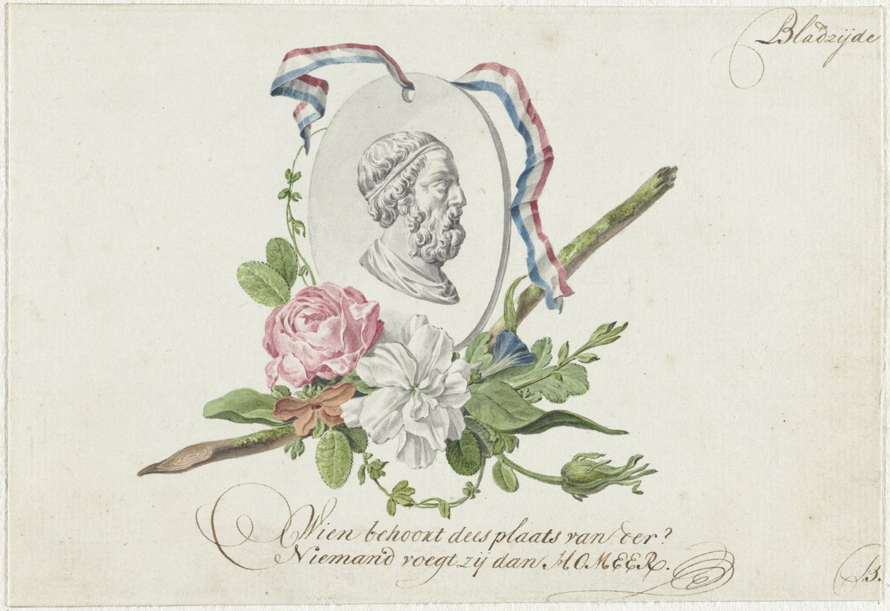 Vignetta con fiori, medaglione con ritratto e nastro da Willem Bilderdijk