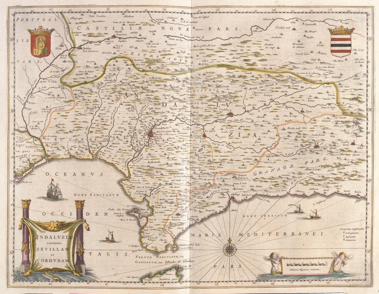 Andalusia e città di Siviglia, Stretto di Gibilterra, in "Theatrum Orbis Terrarum, sive Atlas Novus" di Willem Blaeu, Amsterdam da Willem Blaeu