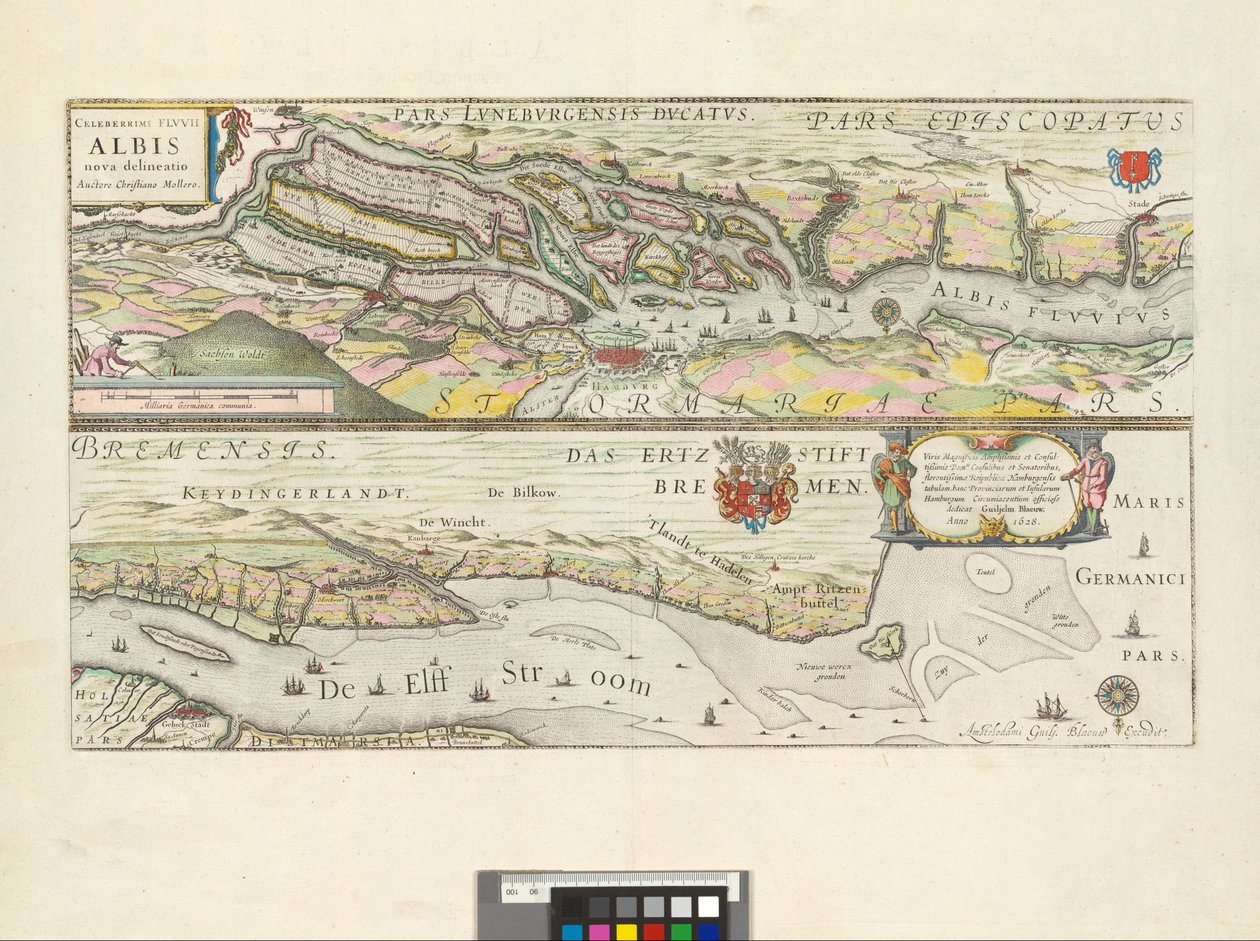 Celeberrimi Flvvii Albis nova delineatio : Viris Magnificis Amplißimis et Consultißimis Domis. Consulibus et Senatoribus, florentissimae Republicae Hamburgensis tabulam, hanc Provinciarum et Insularum Hamburgum Circumiacentium officiose dedicat / Auctore C da Willem Blaeu