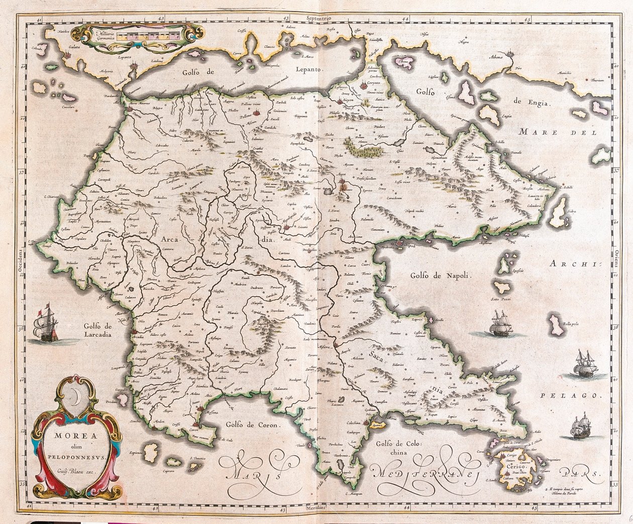 Grecia, Peloponneso, in "Theatrum Orbis Terrarum, sive Atlas Novus" di Willem Blaeu, Amsterdam da Willem Blaeu