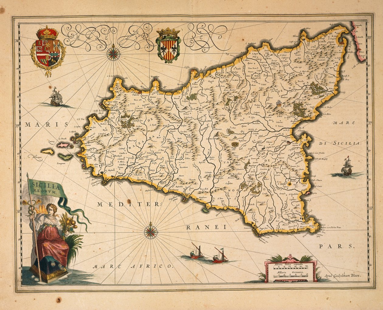 Mappa della Sicilia, dal Regionum Italiae, incisione da Willem Blaeu