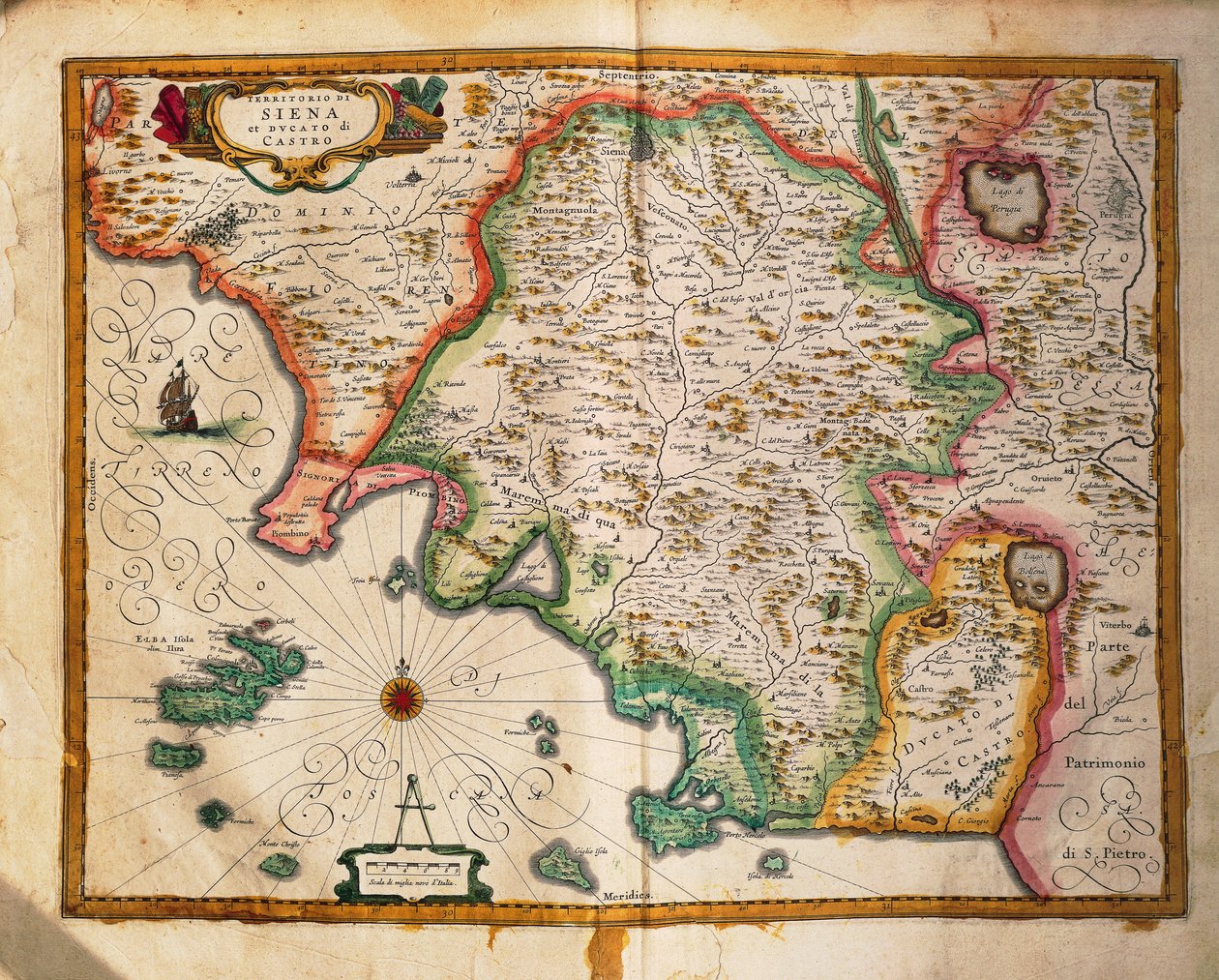 Mappa dei confini di Siena, da Regionum Italiae di Willem Blaeu, incisione da Willem Blaeu