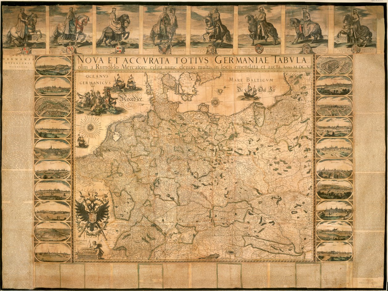 Nuova e accurata illustrazione della Germania nella sua interezza di Willem Janszoon Blaeu, incisione su rame, stampata ad Amsterdam da Willem Blaeu