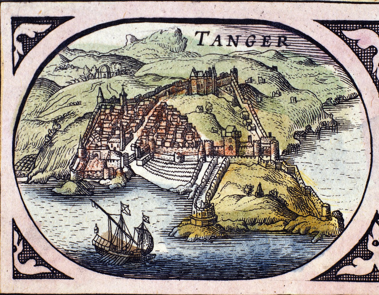 Veduta della città fortificata di Tangeri e della costa, Marocco. Mappa dall