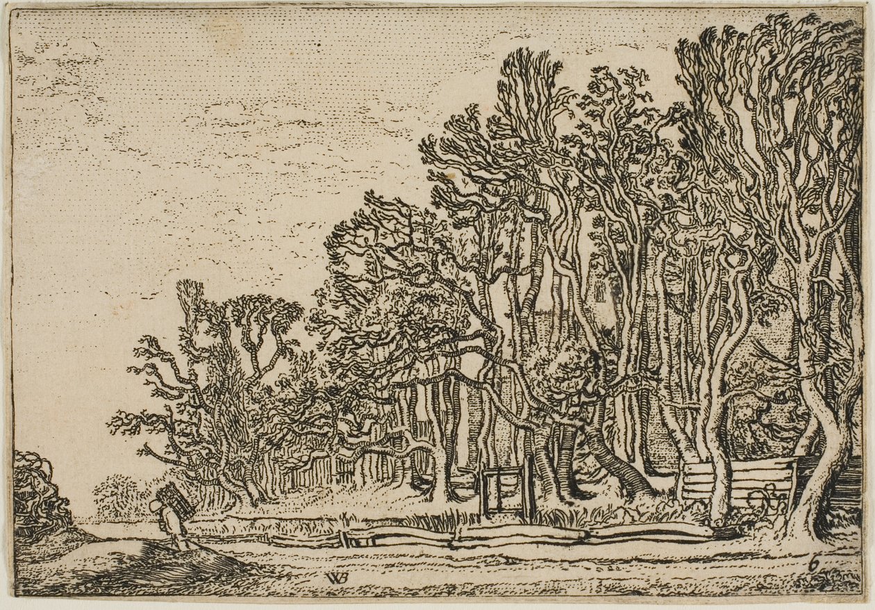 Paesaggio con recinzioni di assi e uomo che porta legna da Willem Buytewech