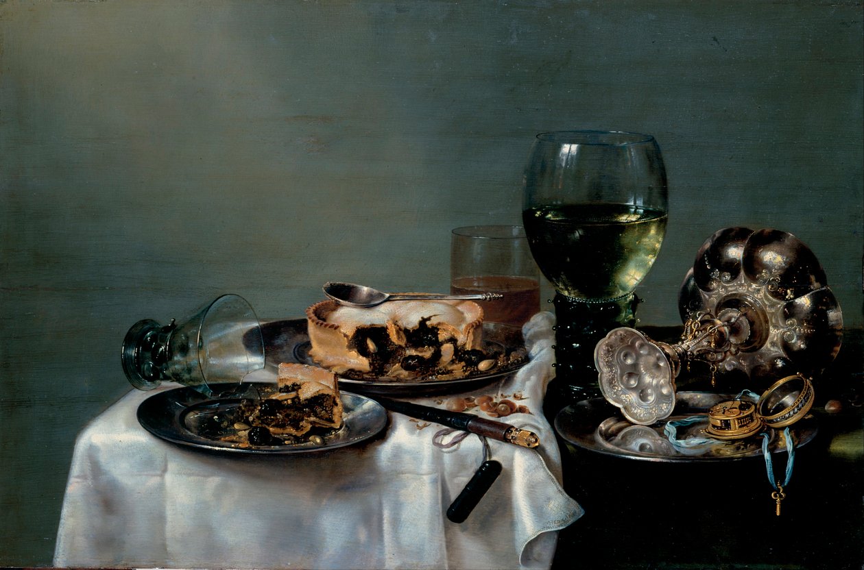 Natura morta con tavola per la colazione e torta di more da Willem Claesz. Heda