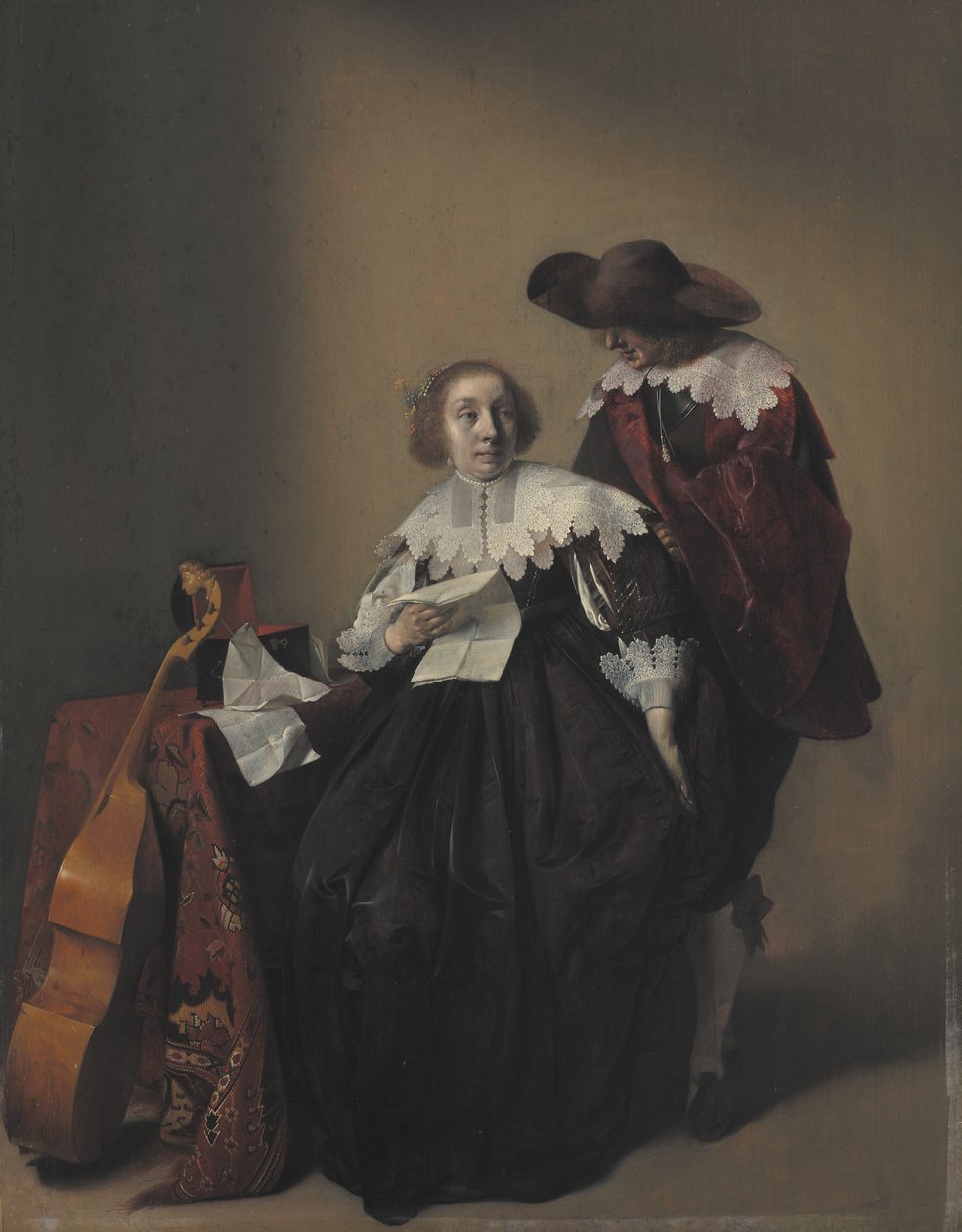 Donna seduta con una lettera, un gentiluomo in piedi accanto a lei da Willem Cornelisz Duyster