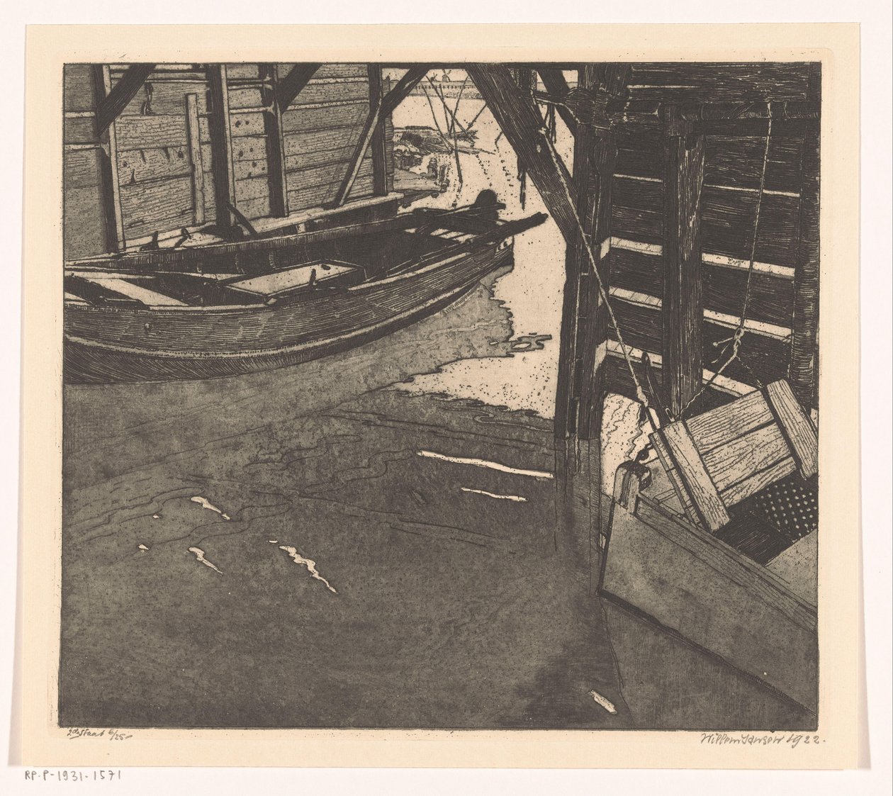 Interno di una casa di barche con una cesta di pesce e una barca con cesta di pesce incorporata da Willem Jansen (graveur) (signed by artist)