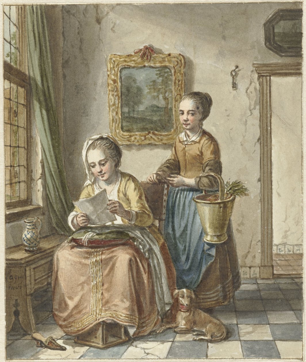 Donna seduta con domestica, leggendo una lettera da Willem Joseph Laquy