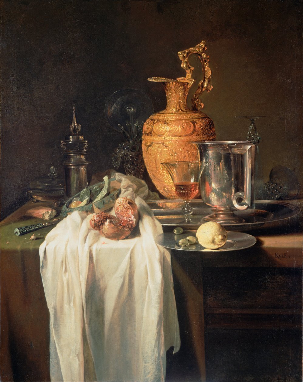 Natura morta con calice, vasi e melograno da Willem Kalf