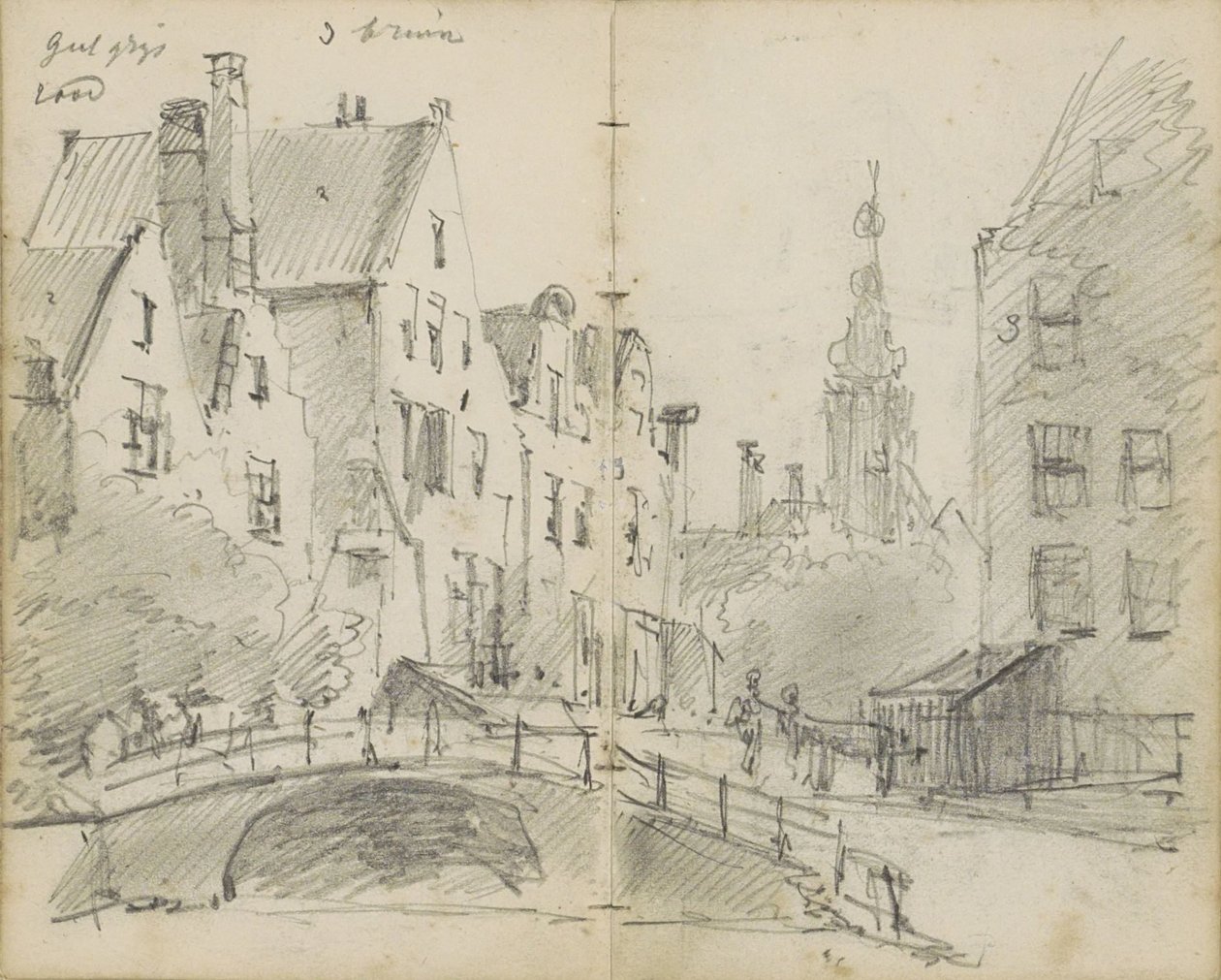Veduta urbana con un ponte su un canale e un campanile da Willem Koekkoek