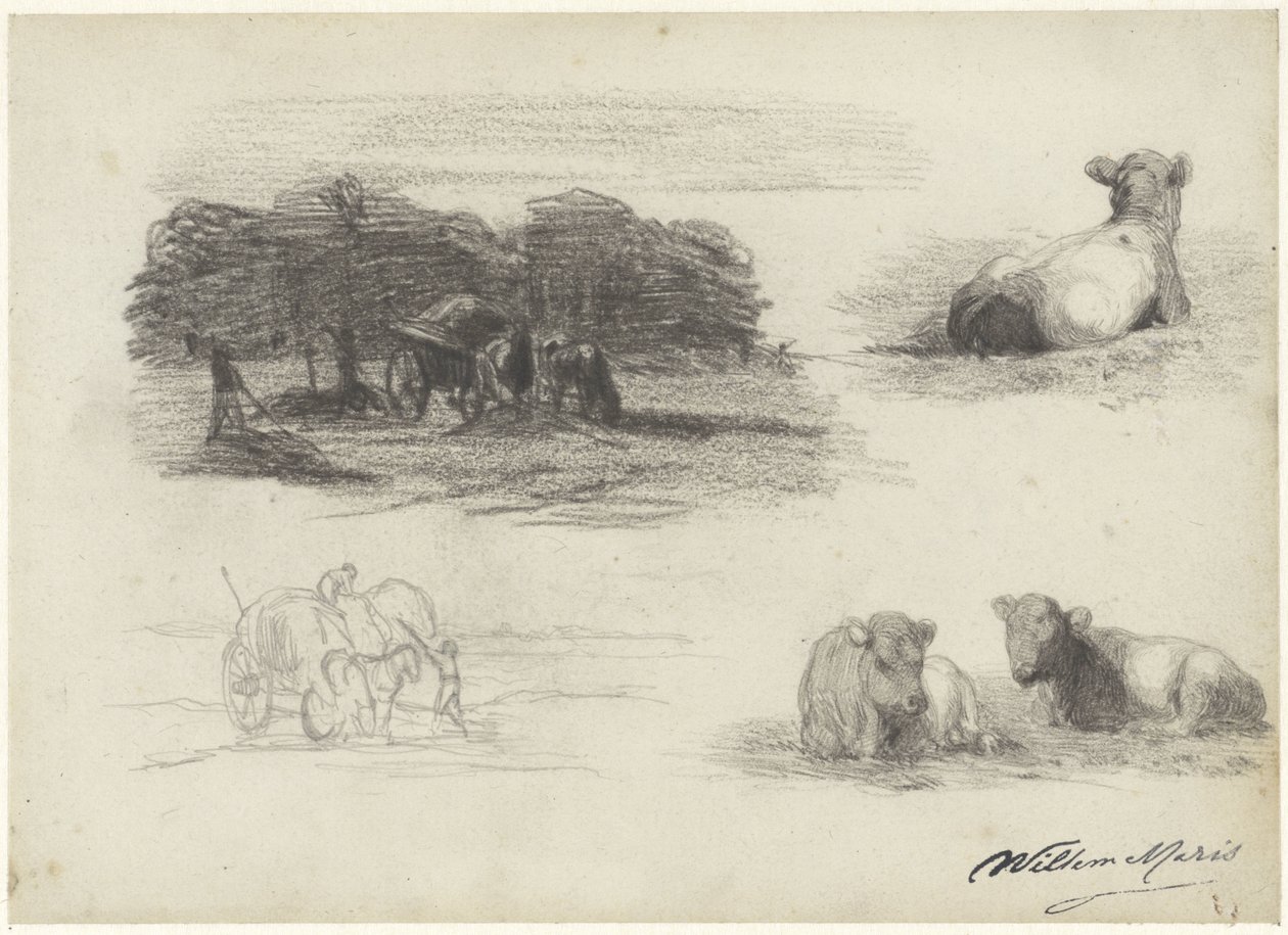 Quattro schizzi di carri di fieno e mucche da Willem Maris