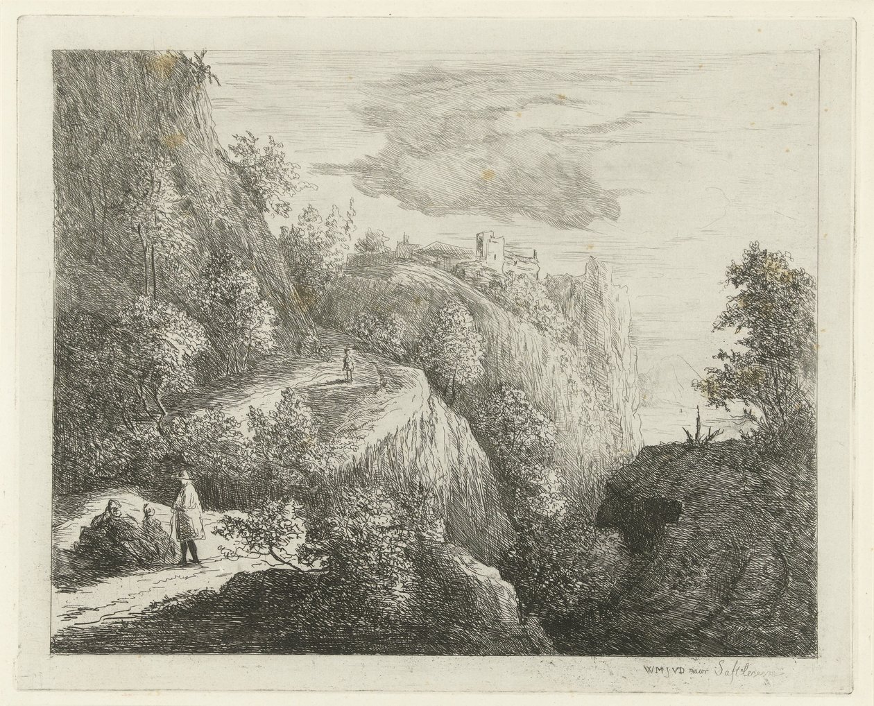 Paesaggio montano con figure in riposo sul lato della strada da Willem Matthias Jan van Dielen