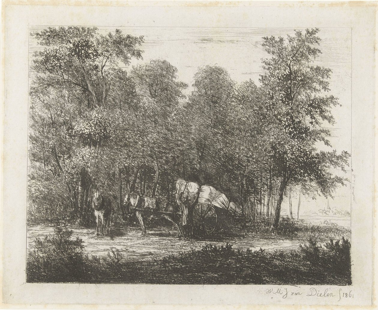 Paesaggio con uomo presso un carro carico e cavallo attaccato da Willem Matthias Jan van Dielen