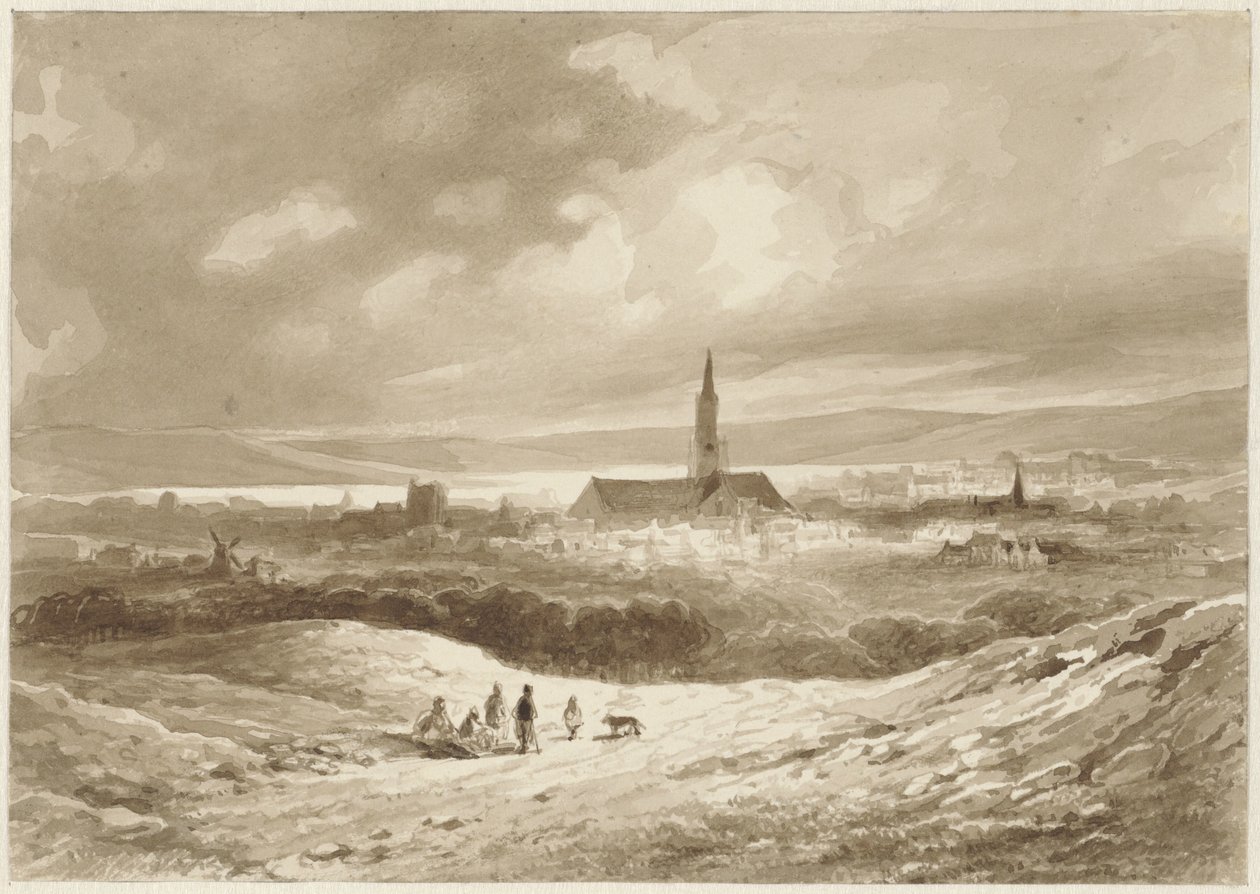 Vista dalle colline su una città vicino a un lago da Willem Pieter Hoevenaar