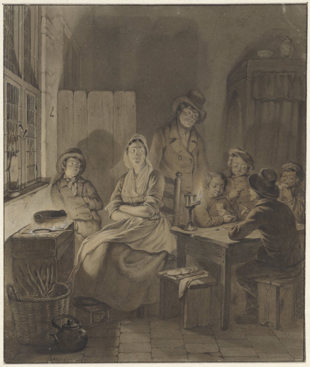 Interno con gruppo di persone intorno a un tavolo alla luce delle candele da Willem Pieter Hoevenaar