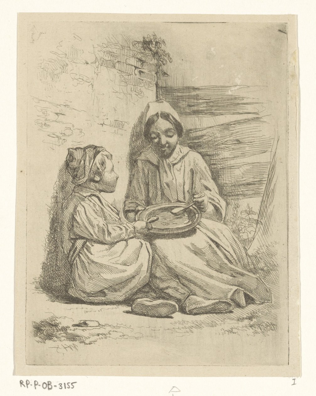 Ragazza e ragazzo che mangiano da un piatto da Willem Pieter Hoevenaar