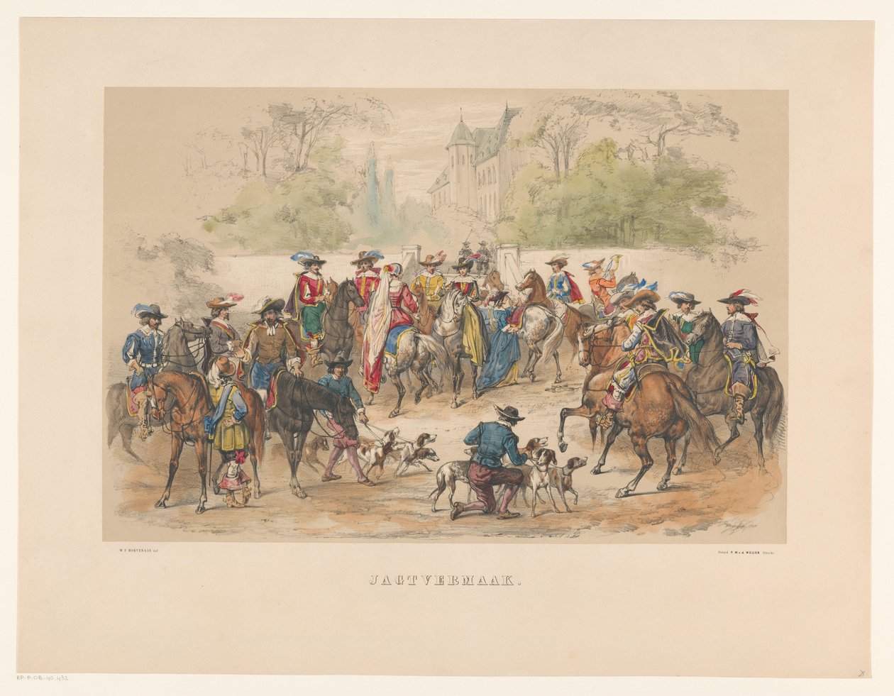 Settimo gruppo della mascherata di Utrecht nel 1856 (Jagtvermaak, serie Ons vaderland omstreeks het midden der 17e eeuw, voorgesteld door H.H. studenten, leden van Mutua Fides, ter viering van het 220jarig bestaan der Utrechtsche Hoogeschool, den 25.) da Willem Pieter Hoevenaar