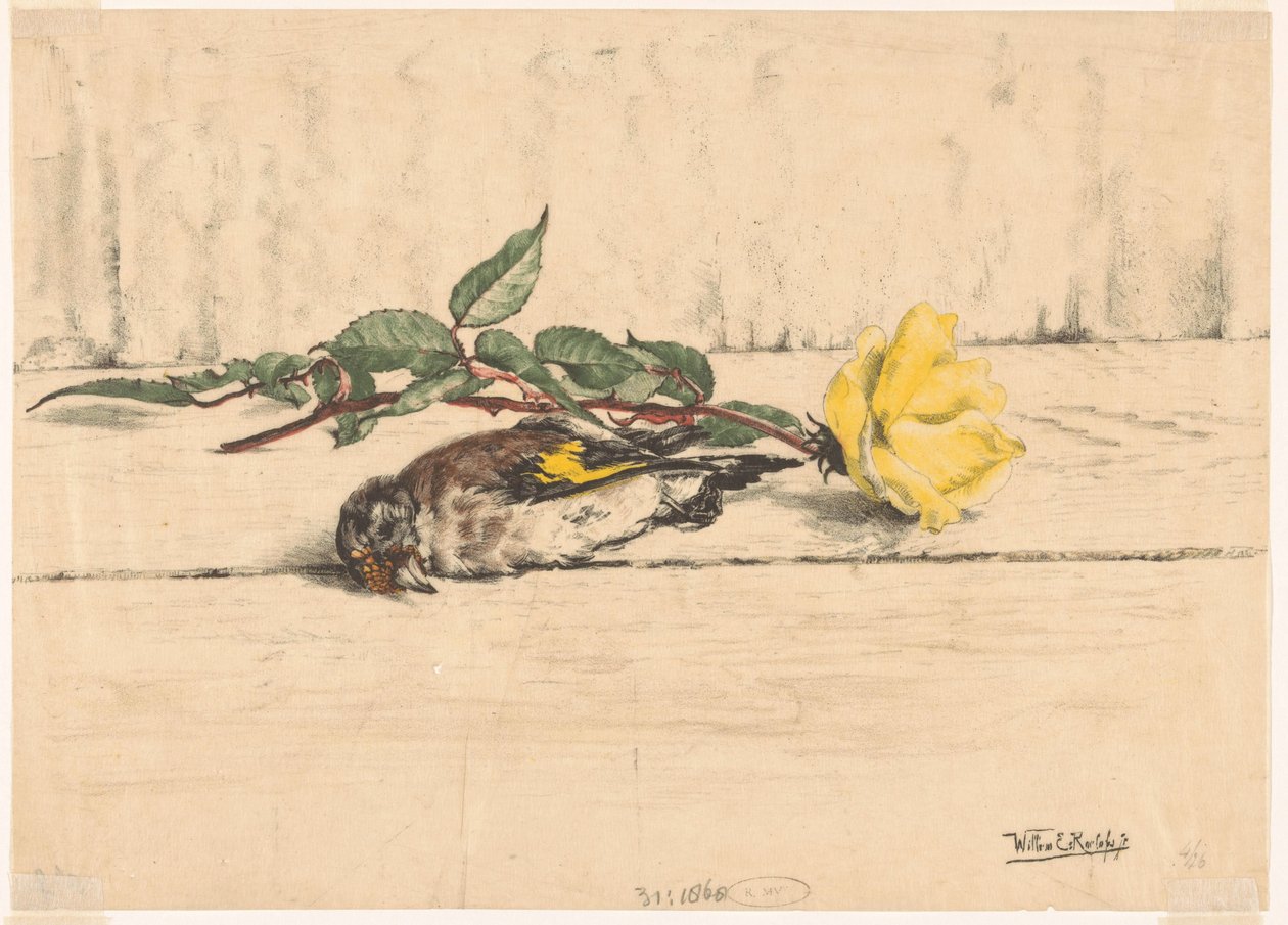 Cardellino morto accanto a una rosa da Willem Roelofs (II) (signed by artist)