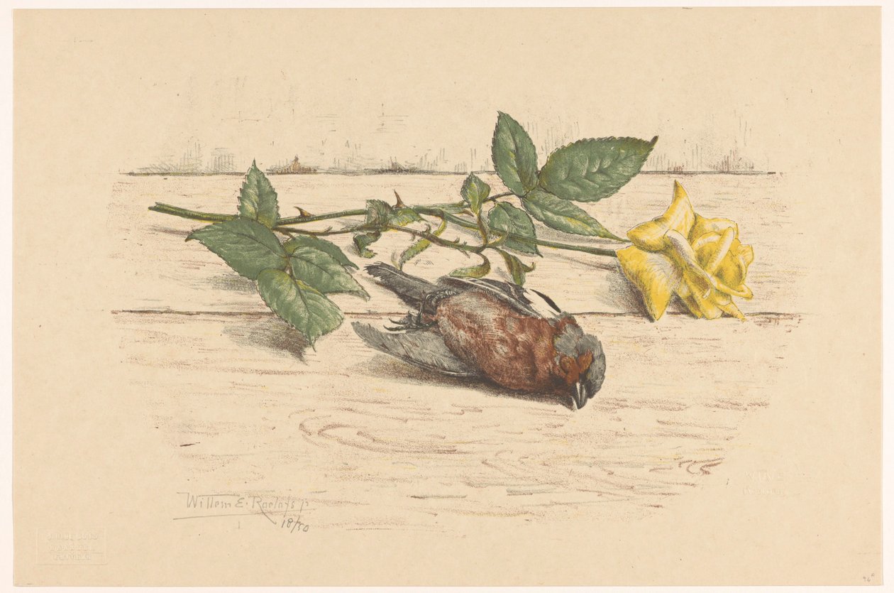 Fringuello morto accanto a una rosa da Willem Roelofs (II) (signed by artist)