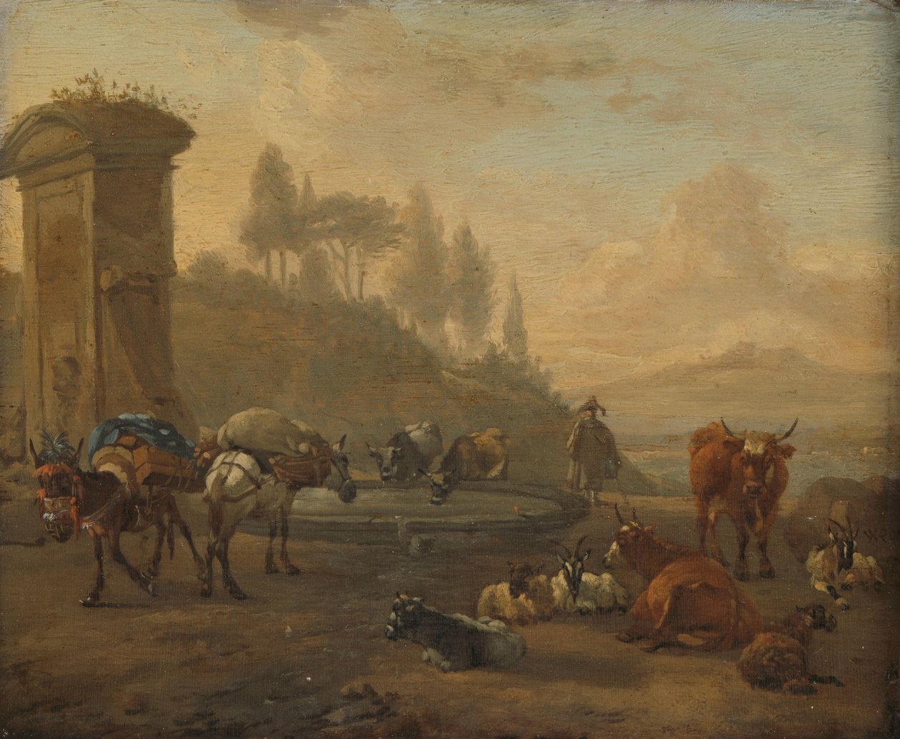 Bestiame presso una fontana da Willem Romeyn