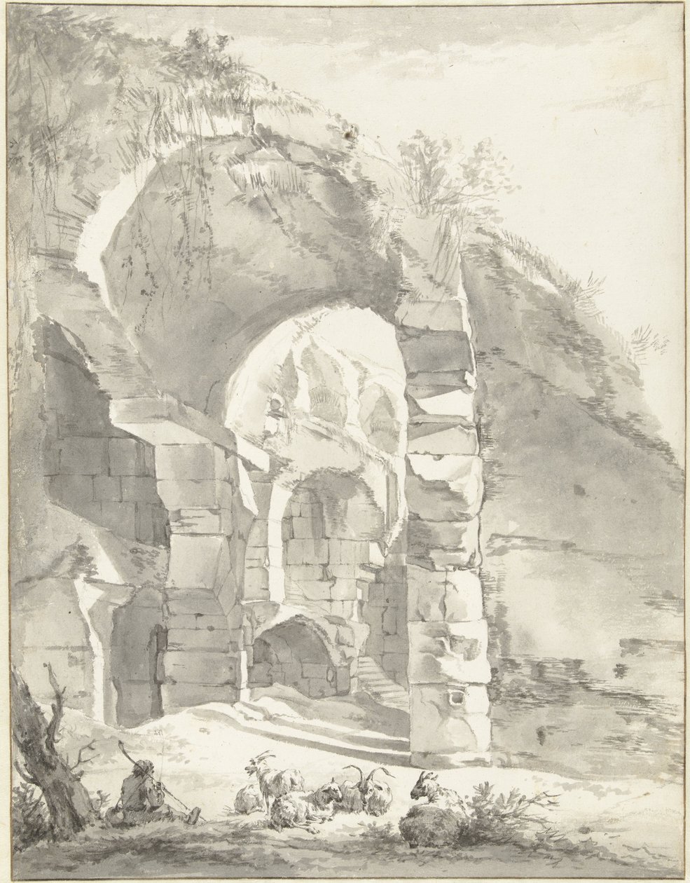 Rovina con un pastore e pecore a sinistra da Willem Romeyn