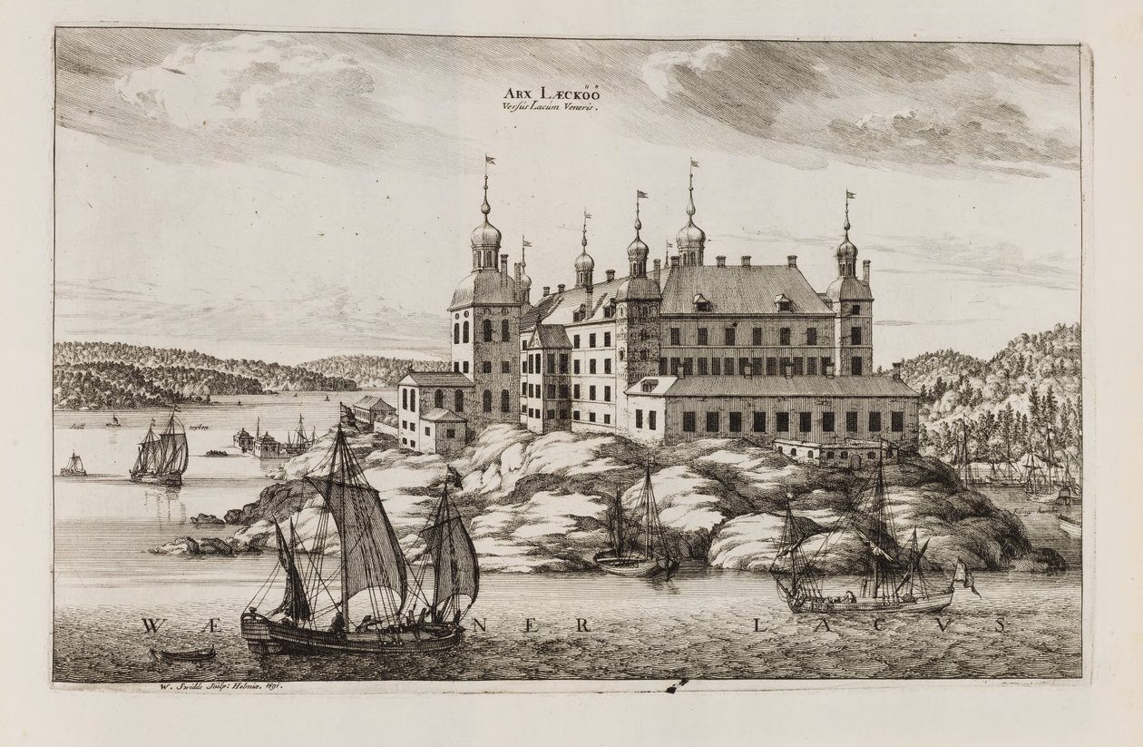 Castello di Läckö dal lato del lago Vänern. Da "Suecia antiqua et hodierna" da Willem Swidde
