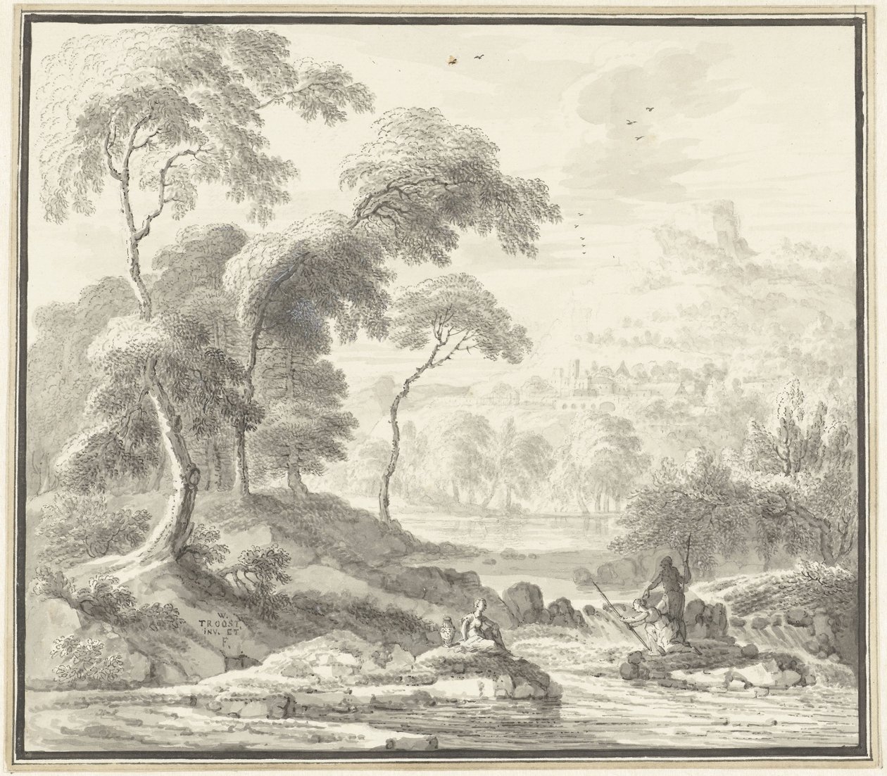 Paesaggio idilliaco collinare con donne vicino a un ruscello da Willem Troost (I)
