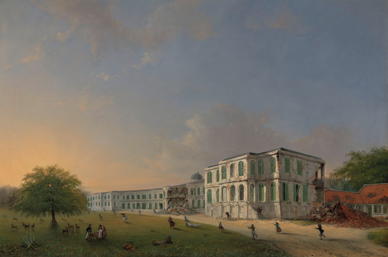 Vista Frontale del Palazzo di Buitenzorg durante il Terremoto del 10 Ottobre 1834 da Willem Troost (II)