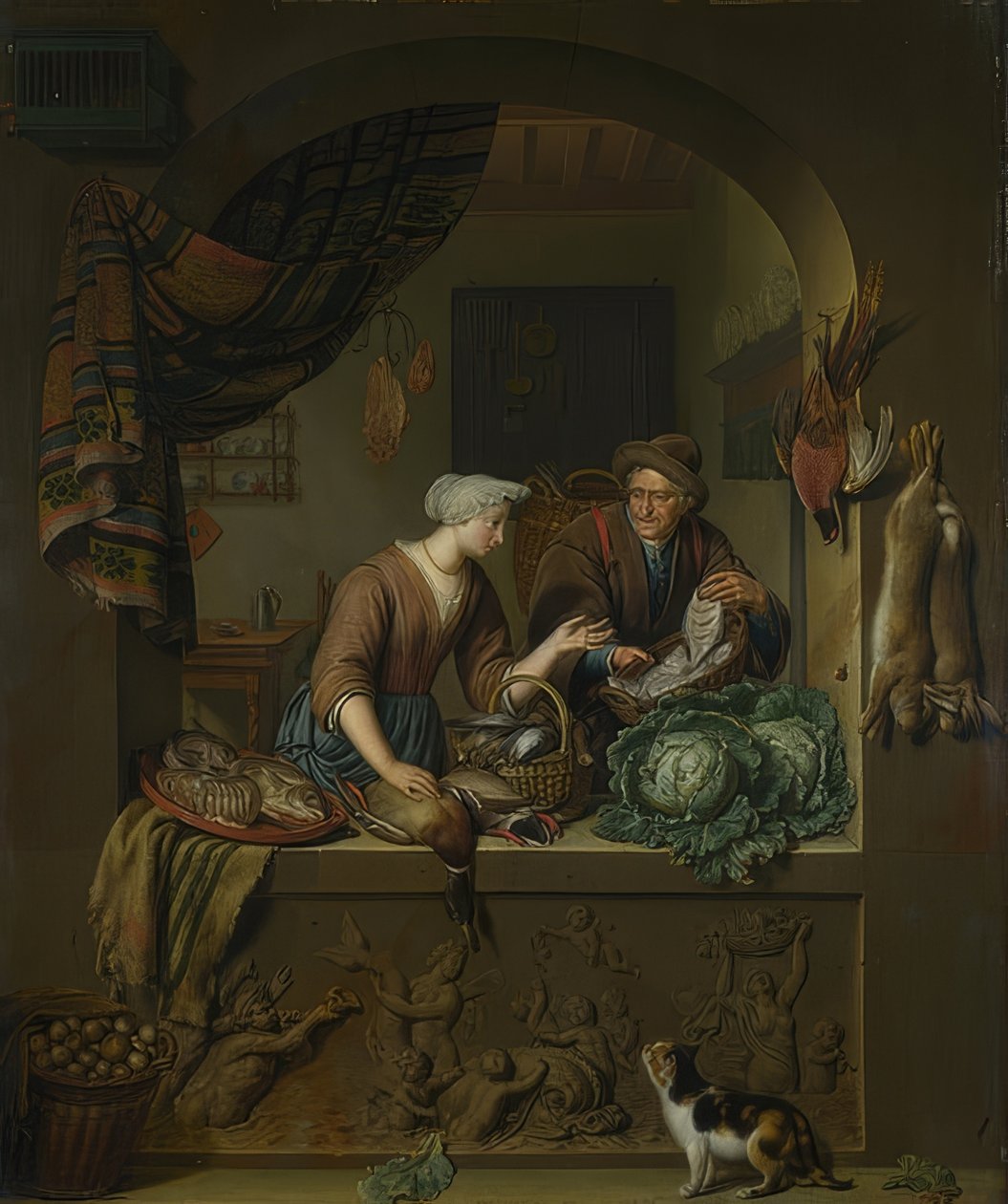 Donna e pescivendolo in cucina da Willem Van Mieris