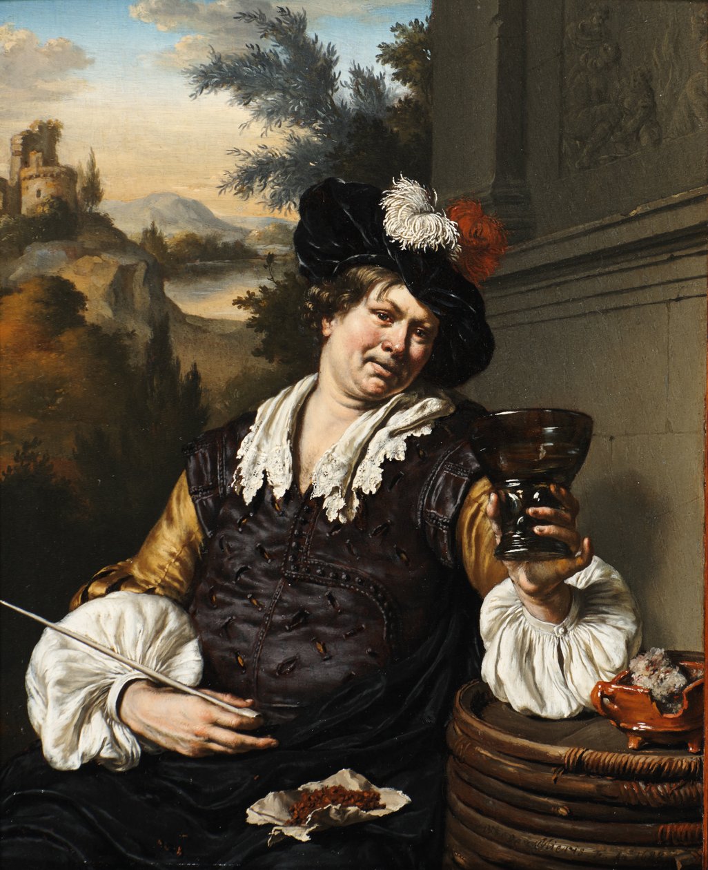 Sitzender Mann mit Berkemeier und Pfeife da Willem Van Mieris