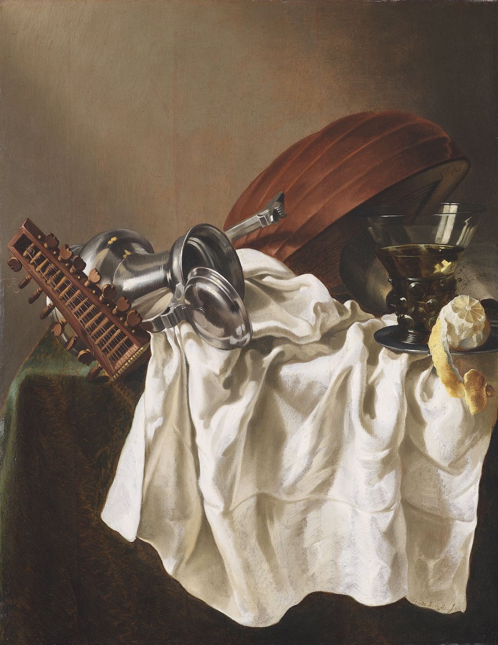 Natura morta con liuto, brocca in peltro, bicchiere da vino e limone da Willem Van Odekercken