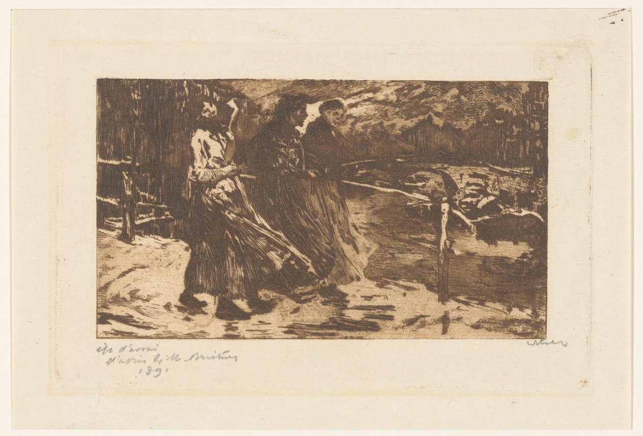 Tre donne su un ponte sotto pioggia e vento da Willem Witsen (signed by artist)