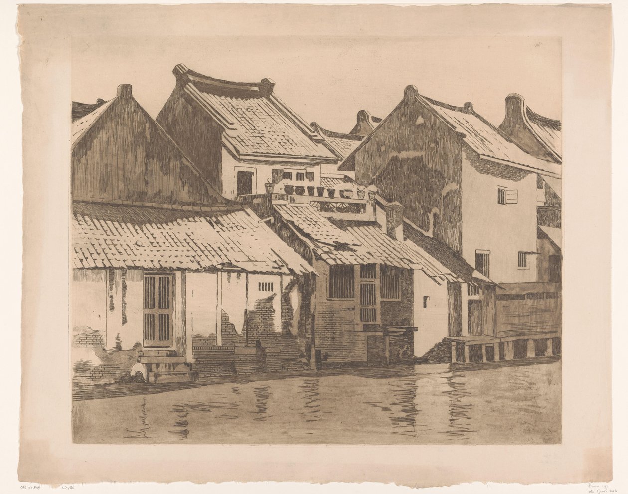 Facciate posteriori di case lungo un fiume a Batavia da Willem Witsen